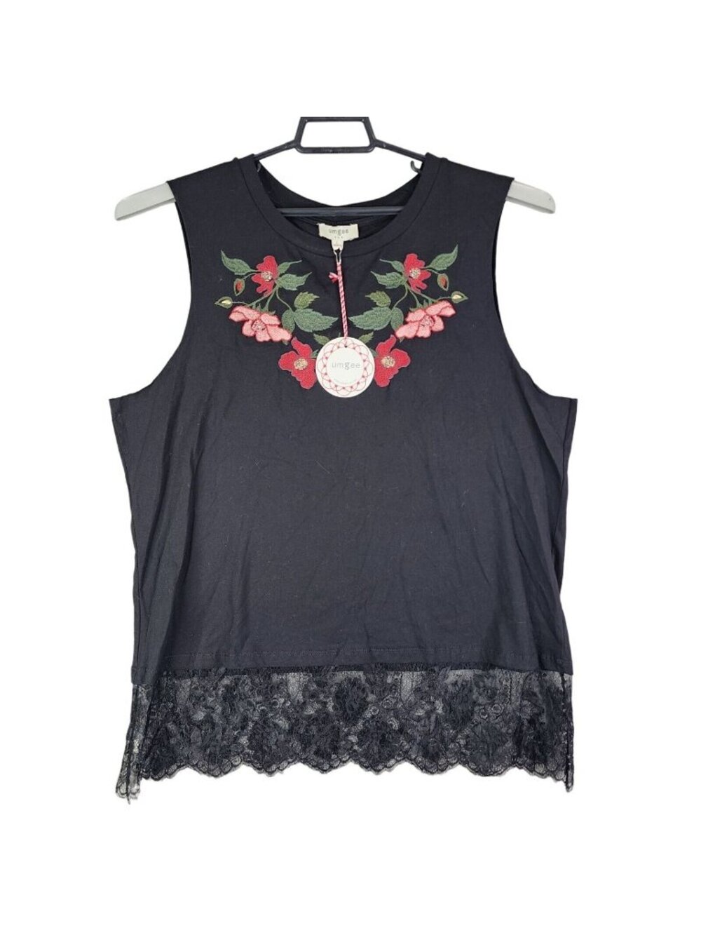 Womens Umgee USA Black Sleeveless Top Floral Embroidery Lace Hem Cotton Blend L